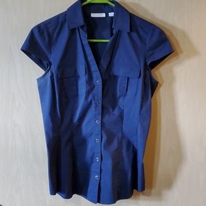 Fitted Navy Cap Sleeve Button Down Shirt